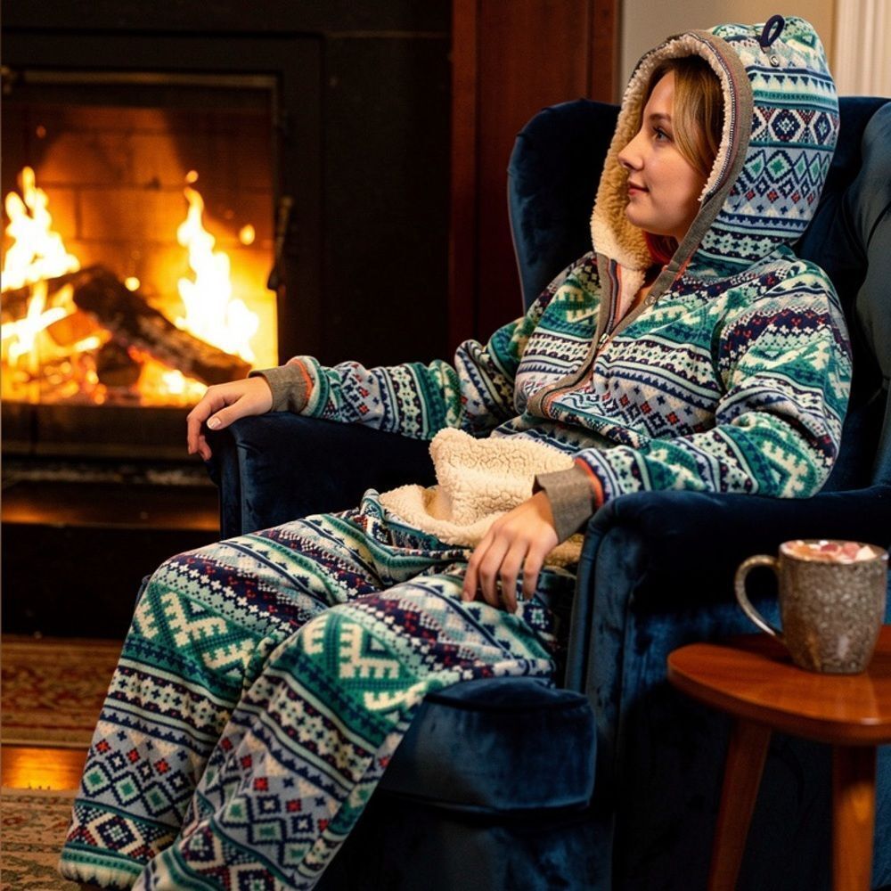 Cozy Blue Patterned Hooded Pajama Set